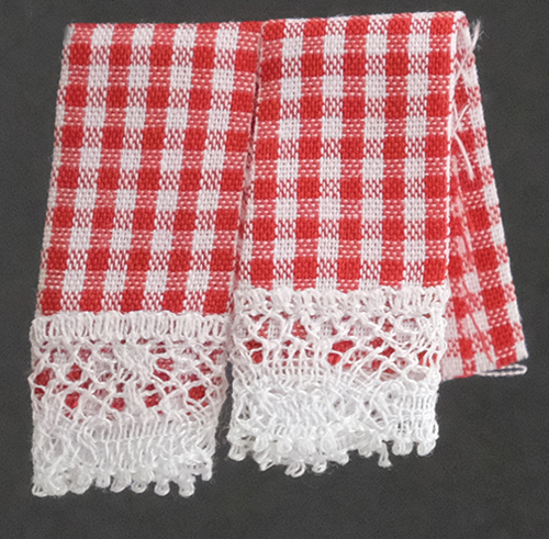 Dollhouse Miniature Kitchen Dish Towels, Gingham Red